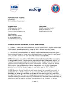 FOR IMMEDIATE RELEASE April 9, 2013 for more information, contact: Richard Lewis OSBA executive director