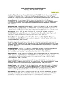 Court Certified Voluntary Facilitative Mediators January 1, [removed]December 31, 2014 Revised[removed]Aseltyne, Patrick A., Johnson, Rosati, Schultz & Joppich PC, 303 S. Waverly Rd., Lansing, MI[removed]Telephone: [removed]