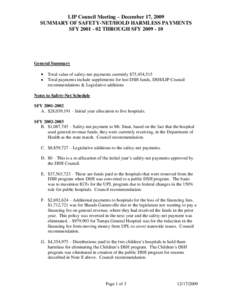 LIP Council Meeting – December 17, 2009 SUMMARY OF SAFETY-NET/HOLD HARMLESS PAYMENTS SFY[removed]THROUGH SFY[removed]General Summary Total value of safety-net payments currently $75,454,515