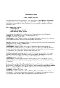 Performing Arts Japan List of Awardees[removed]The Japan Foundation is pleased to announce grant awards totaling US$271,500 to 13 organizations in the United States through the PAJ Program for the[removed]fiscal year