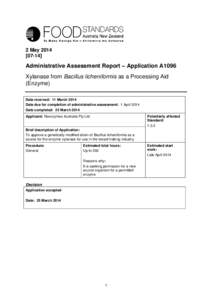 2 May[removed]Administrative Assessment Report – Application A1096 Xylanase from Bacillus licheniformis as a Processing Aid (Enzyme)