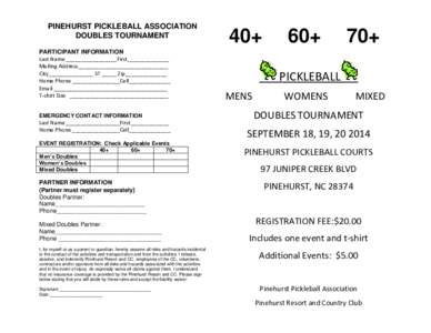 PINEHURST PICKLEBALL ASSOCIATION DOUBLES TOURNAMENT PARTICIPANT INFORMATION Last Name _________________First______________ Mailing Address______________________________ City_______________ ST _____ Zip______________