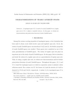 Jordan Journal of Mathematics and Statistics (JJMS) 3(2), 2010, pp  ¨ SPACES CHARACTERIZATIONS OF NEARLY LINDELOF AHMAD AL-OMARI AND TAKASHI NOIRI