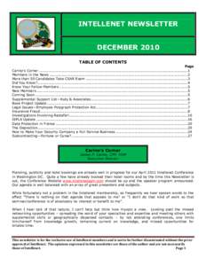 INTELLENET NEWSLETTER DECEMBER 2010 TABLE OF CONTENTS Page Carino‘s Corner ...........................................................................................................................1 Members in the New