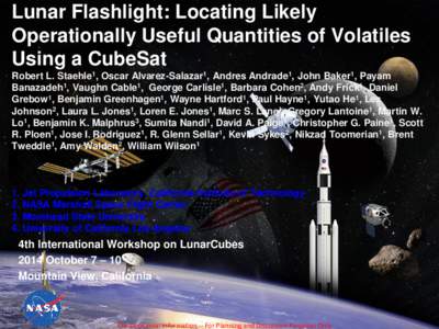 Lunar Flashlight: Locating Likely Operationally Useful Quantities of Volatiles Using a CubeSat Robert L. Staehle1, Oscar Alvarez-Salazar1, Andres Andrade1, John Baker1, Payam Banazadeh1, Vaughn Cable1, George Carlisle1, 