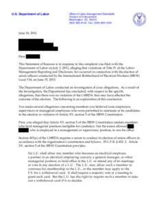 U.S. Department of Labor  Office of Labor-Management Standards Division of Enforcement Washington, DC[removed]0143 Fax: ([removed]