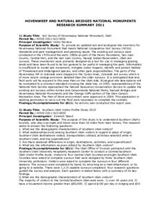 HOVENWEEP AND NATURAL BRIDGES NATIONAL MONUMENTS RESEARCH SUMMARY[removed]Study Title: Soil Survey of Hovenweep National Monument, Utah Permit No.: HOVE-2011-SCI-0001 Principal Investigator: Victor Parslow Purpose of Sci