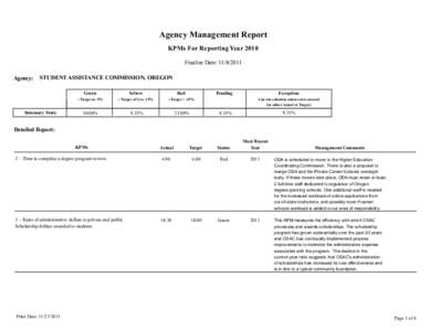 Agency Management Report KPMs For Reporting Year 2010 Finalize Date: [removed]Agency:  STUDENT ASSISTANCE COMMISSION, OREGON