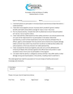 Assumption of Risk and Release of Liability Individual Sports or Events Sport or Activity___________________  Name_________________________