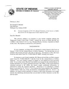 STATE OF INDIANA MITCHELL E. DANIELS, JR., Governor PUBLIC ACCESS COUNSELOR JOSEPH B. HOAGE Indiana Government Center South