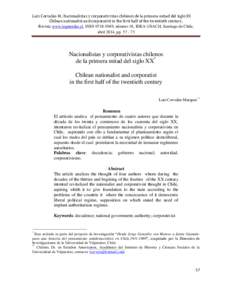 Luis Corvalán M., Nacionalistas y corporativistas chilenos de la primera mitad del siglo XX Chilean nationalist and corporatist in the first half of the twentieth century, Revista www.izquierdas.cl, ISSN, núm