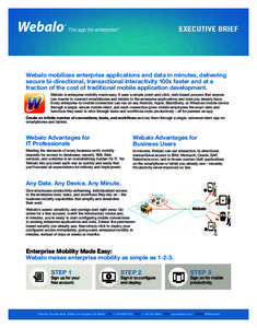 EXECUTIVE BRIEF  The app for enterprise™ Webalo mobilizes enterprise applications and data in minutes, delivering secure bi-directional, transactional interactivity 100x faster and at a
