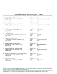 Largest Employers for Washington County 1 . Tyson Foods, Inc. (multiple locations[removed]West Oaklawn Drive Springdale[removed]4000  Employee Code: