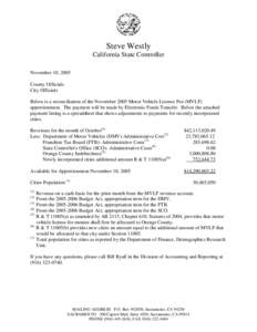 State Controller's Office, Division of Accounting adn Reporting, Motor Vehicle License Fees, Payable November 10, 2550, Per Capita = $[removed]