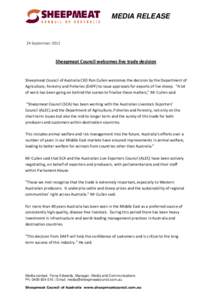 MEDIA RELEASE  24 September 2012 Sheepmeat Council welcomes live trade decision