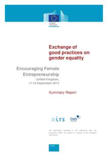 Exchange of good practices on gender equality Encouraging Female Entrepreneurship United Kingdom,