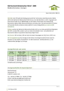 Gärtnerisch-Botanischer Brief - GBB Medieninformation / Anzeigen Stand:  | MW, KS  DER GBB: Seit 1953 gibt die Arbeitsgemeinschaft der Technischen Leiter Botanischer Gärten