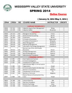 MISSISSIPPI VALLEY STATE UNIVERSITY  SPRING 2014 Online Courses ( January 13, 2014-May 9, [removed]CRN#