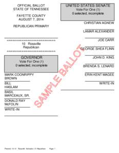 UNITED STATES SENATE  OFFICIAL BALLOT STATE OF TENNESSEE  Vote For One (1)