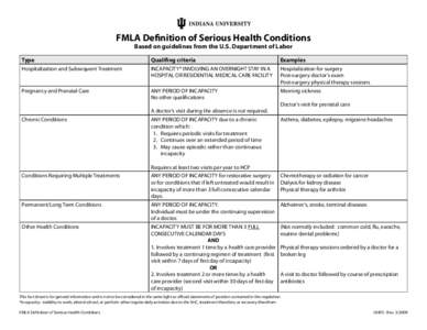 FMLA Definition of Serious Health Conditions Based on guidelines from the U.S. Department of Labor Type Hospitalization and Subsequent Treatment