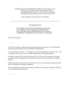 FOR RELEASE IN THE MORNING PAPERS OF JANUARY 29, 1954 (The first use of the film will be at the Lincoln Day Dinner of the Republican State Central, County and Town Committees of Rhode Island, held tonight, January 28, at