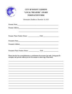 CITY OF MOUNT CLEMENS  “LOCAL TREASURE” AWARD  NOMINATION FORM 