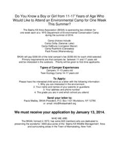 Do You Know a Boy or Girl from[removed]Years of Age Who Would Like to Attend an Environmental Camp for One Week This Summer