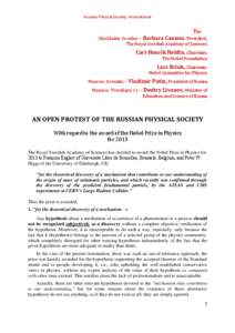 Russian Physical Society, International  To: Stockholm, Sweden – Barbara Cannon, President, The Royal Swedish Academy of Sciences