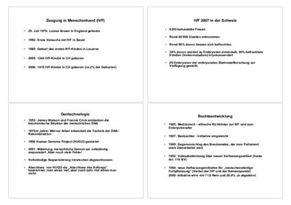 Zeugung in Menschenhand (IVF) • 25. Juli 1978: Louise Brown in England geboren • 1982: Erste Versuche mit IVF in Basel IVF 2007 in der Schweiz • 6393 behandelte Frauen