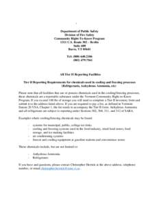 Department of Public Safety Division of Fire Safety Community Right-To-Know Program 1311 U.S. Route 302 – Berlin Suite 600 Barre, VT 05641