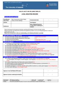 Health, Safety and Wellbeing Handbook  HEALTH, SAFETY AND WELLBEING TEMPLATE LOCAL INDUCTION RECORD PLEASE USE BLOCK LETTERS