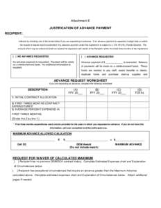 Attachment E JUSTIFICATION OF ADVANCE PAYMENT RECIPIENT: Indicate by checking one of the boxes below if you are requesting an advance. If an advance payment is requested, budget data on which the request is based must be