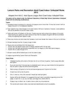 Lamoni Parks and Recreation Adult Coed Indoor Volleyball Rules 2013 Adapted from M.A.C. Adult Sports League Adult Coed Indoor Volleyball Rules The game will be played under the National Federation of State High School As