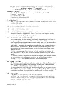 MINUTES OF RUFFORTH WITH KNAPTON PARISH COUNCIL MEETING HELD ON MONDAY 6th JUNE 2011 IN RUFFORTH VILLAGE HALL STARTING AT 7.30pm MEMBERS PRESENT: Councillor RA Lee (RL) Chairman Councillor Mrs A Powell (AP)