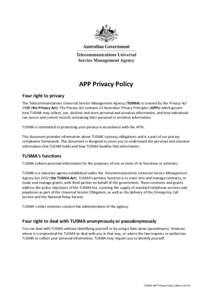 APP Privacy Policy Your right to privacy The Telecommunications Universal Service Management Agency (TUSMA) is covered by the Privacy Act[removed]the Privacy Act). The Privacy Act contains 13 Australian Privacy Principles 