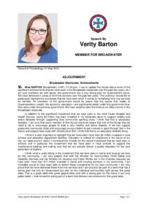 Speech By  Verity Barton MEMBER FOR BROADWATER  Record of Proceedings, 21 May 2014