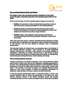 Hive Learning Networks Goals and Visions: We imagine a time when connected learning is ubiquitous in Hive cities across the globe, empowering educators and unlocking opportunities for all youth. Over the next five years,