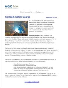 For I m m e d i a t e R e l e a s e  Hot Work Safety Course September 30, 2016