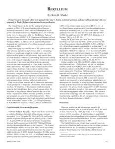 Beryllium By Kim B. Shedd Domestic survey data and tables were prepared by Amy C. Tolcin, statistical assistant, and the world production table was