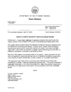 DEPARTMENT OF THE ATTORNEY GENERAL  News Release LINDA LINGLE GOVERNOR Mark J. Bennett, Attorney General