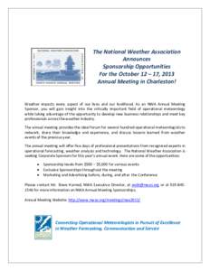 The National Weather Association Announces Sponsorship Opportunities For the October 12 – 17, 2013 Annual Meeting in Charleston!