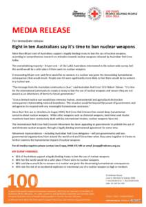 MEDIA RELEASE For immediate release Eight in ten Australians say it’s time to ban nuclear weapons More than 80 per cent of Australians support a legally binding treaty to ban the use of nuclear weapons, according to co