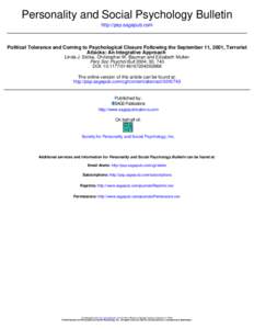 Personality and Social Psychology Bulletin http://psp.sagepub.com Political Tolerance and Coming to Psychological Closure Following the September 11, 2001, Terrorist Attacks: An Integrative Approach Linda J. Skitka, Chri