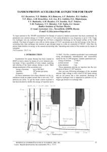 TANDEM PROTON ACCELERATOR AS INJECTOR FOR TRAPP G.I. Kuznetsov, V.E. Balakin, M.A.Batazova, A.F. Bulushev, B.A. Gudkov, V.F. Kluev, A.M. Kryuchkov, A.G. Lee, R.A. Lokhtin, E.G. Miginskyaya, V.V. Rashenko, A.M. Rezakov, I