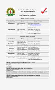 Municipality of Brooke-Alvinston 2014 Municipal Election List of Registered Candidates MAYOR – one (1) to be elected Candidate Name