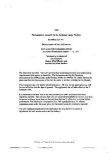 1994 The Legislative Assembly for the Australian Capital Territory Electricity Act 1971 Determination of Fees for Licences EXPLANATORY MEMORANDUM in respect of instrument number: l of 1995