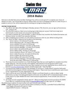 Swim the 2014 Rules Welcome to the Ball State Swim the MAC Challenge! You will have until April 4th to complete your choice of distance to swim. You will be able to choose a distance that you want to challenge yourself, 