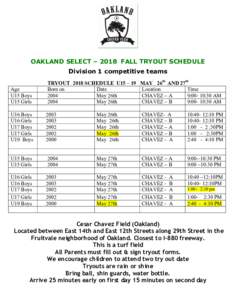 OAKLAND SELECT – 2018 FALL TRYOUT SCHEDULE Division 1 competitive teams Age U15 Boys U15 Girls