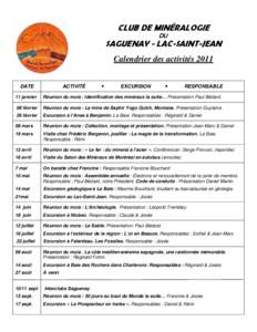 CLUB DE MINÉRALOGIE DU SAGUENAY - LAC-SAINT-JEAN Calendrier des activités 2011