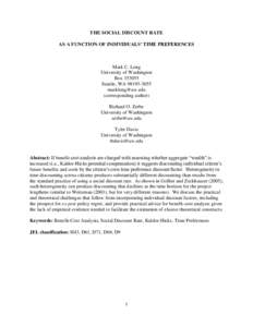 THE SOCIAL DISCOUNT RATE AS A FUNCTION OF INDIVIDUALS’ TIME PREFERENCES Mark C. Long University of Washington Box[removed]